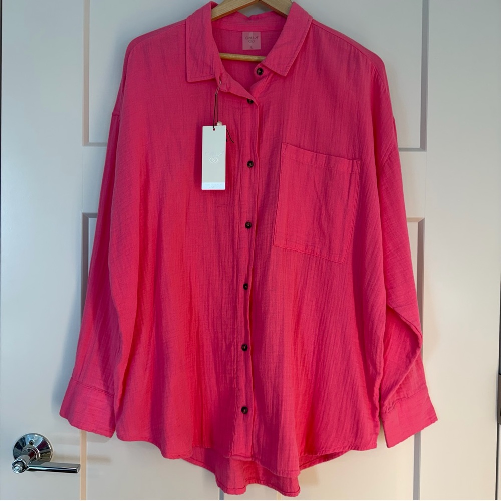 CALIA NEW Oversized LS Button Down Swim Coverup Pink Heat Large